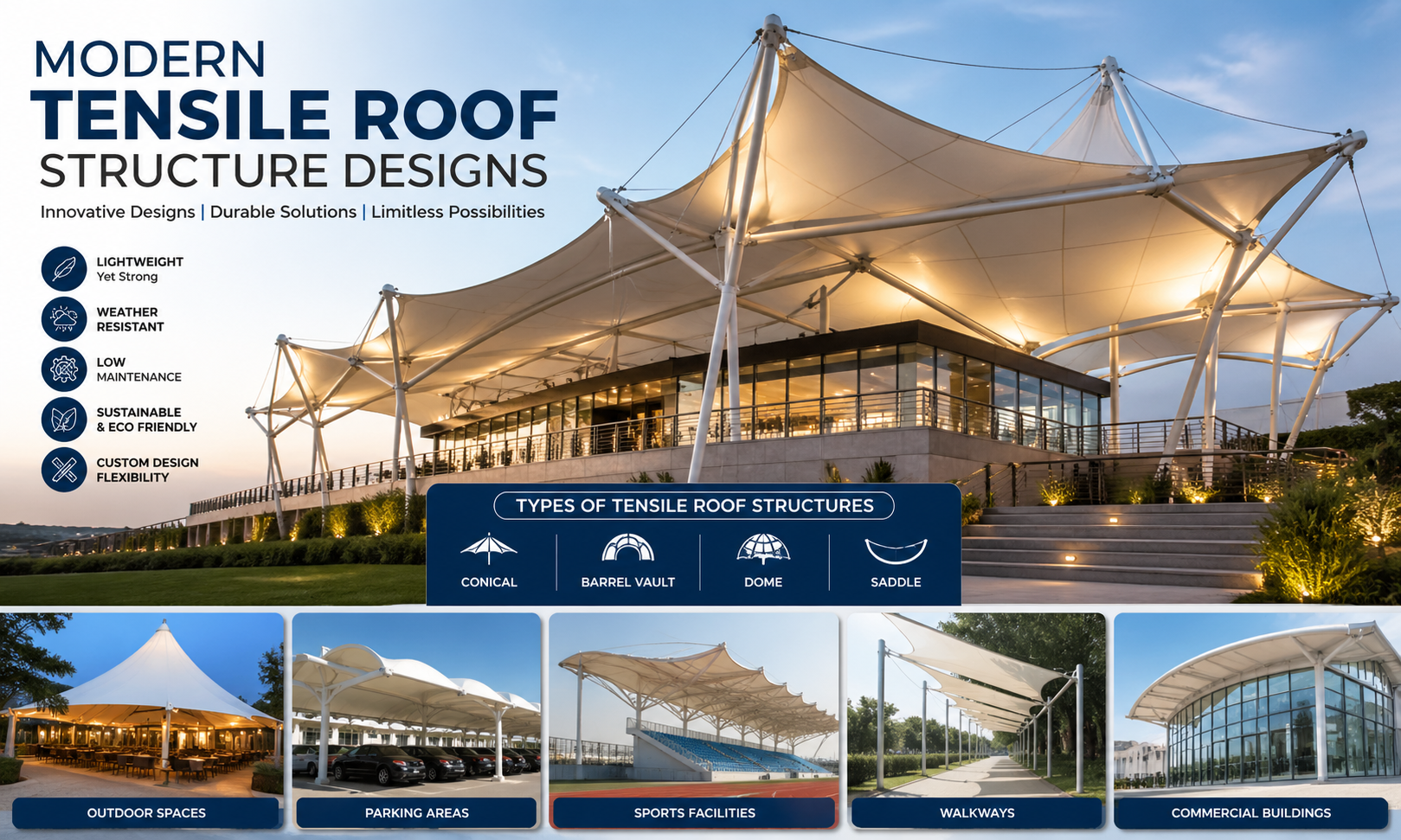 Modern Tensile Roof Structure Designs: Ideas, Types & Applications for Architecture